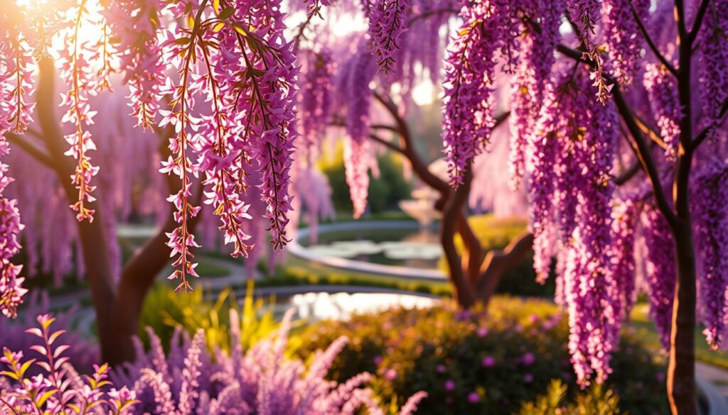 Purple blooming trees in a garden